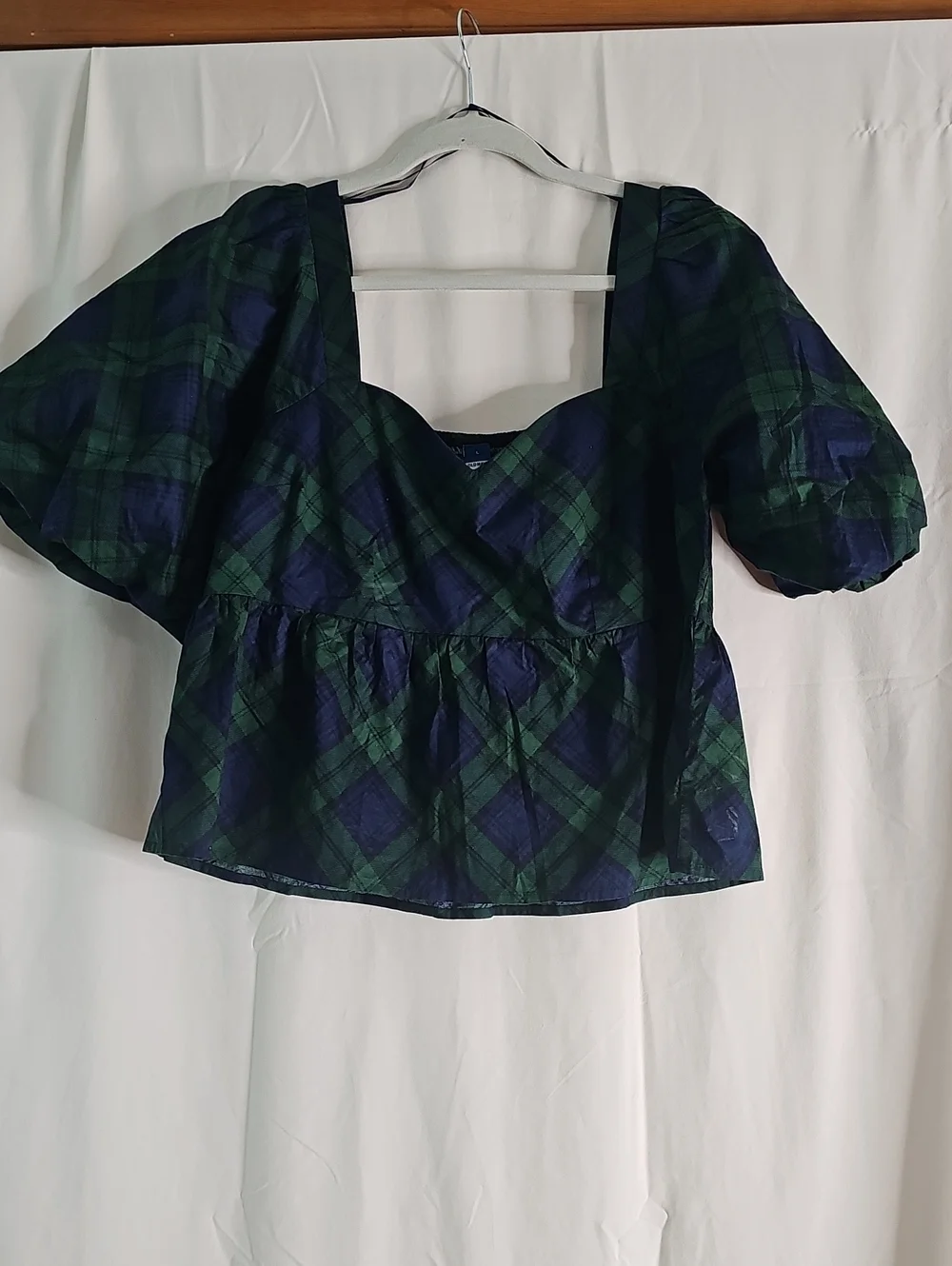 Old Navy Green & Navy Plaid Puff-Sleeve Square-Neck Top